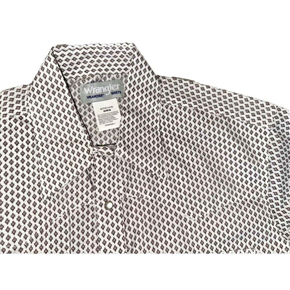 Wrangler Mens Wrancher Shirt Pearl Snap Western M White Short Sleeve Geometric